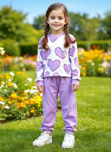 0000  Offwhite Lilac Heart Printed Sweatshirt With Lilac Fleece Trouser Tracksuit For Kids