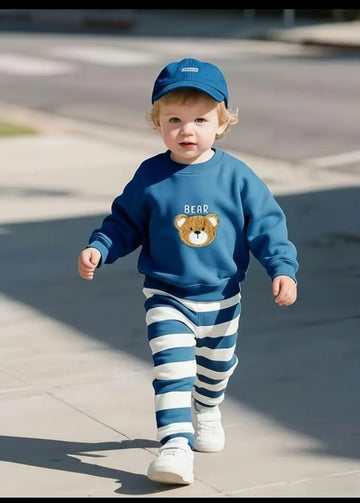 0000  Blue Bear Printed Sweatshirt With lining Fleece Trouser Tracksuit For Kids