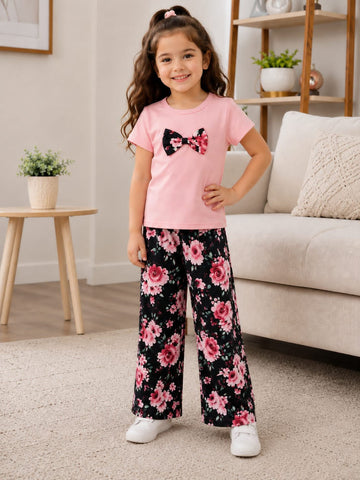 0000                Baby Pink Floral Bow Printed Half Sleeves T-shirt with Floral Printed  Pajama Kids Suits