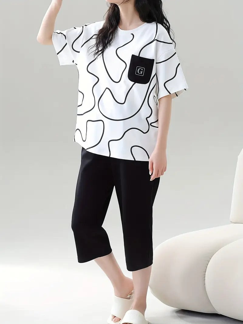 001 White Lining Front Pocket Printed Half Sleeves T-shirt With Plain Black Pajama Suit