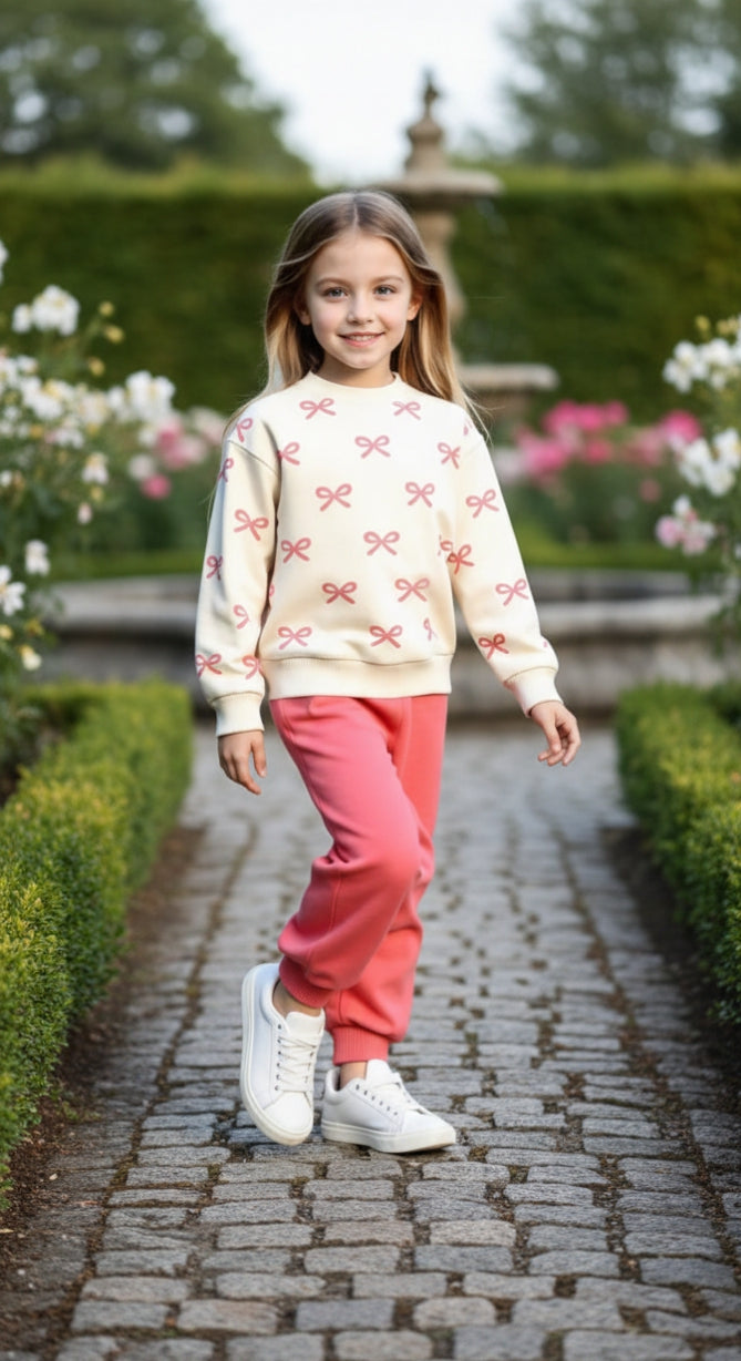 0000  Offwhite Pink Bow Printed Sweatshirt With Pink Fleece Trouser Tracksuit For Kids