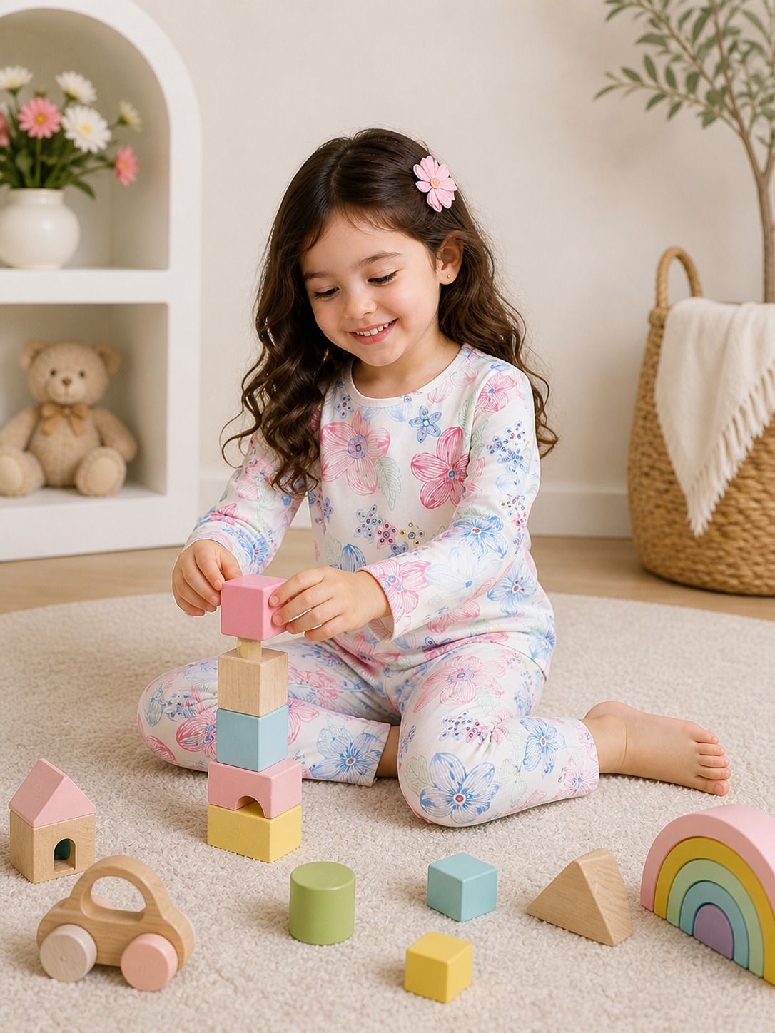 0000           Offwhite Big Flowers Printed Full Sleeves T-shirt with Flowers Pajama Kids Suits