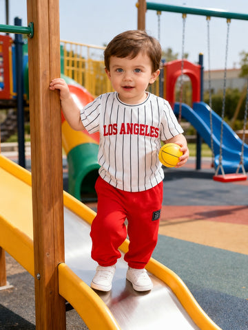 0000          Offwhite LOS Angeles Printed Half Sleeves T-shirt with Red Pajama Kids Suits
