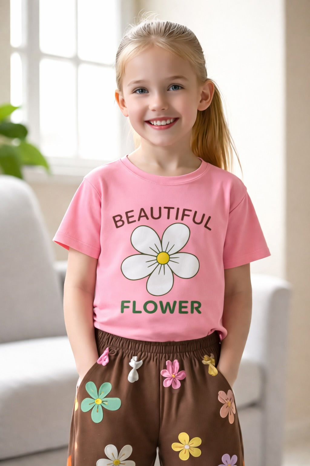 0000      Baby Pink Beautiful Flower Printed  Half Sleeves T-shirt with Brown Multi Flower Printed Pajama Kids Suits