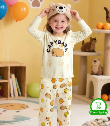 0000    Offwhite CAPYBARA Printed Full Sleeves T-shirt with Printed Pajama Kids Suits