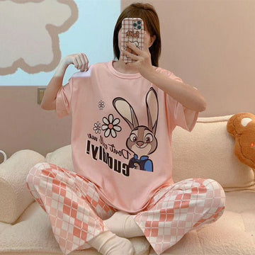 0000    Baby Pink Rabbit Printed Half Sleeves T-shirt With Check Printed Pajama Suit