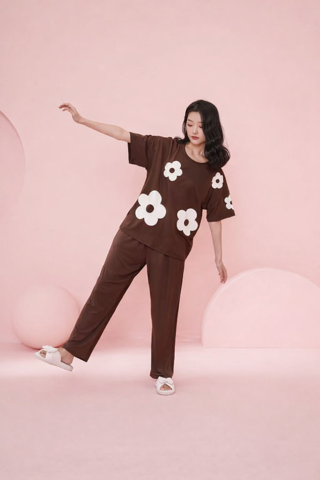 0000   Brown White Heart Printed Half Sleeves T-shirt With Brown Plain Pajama Suit