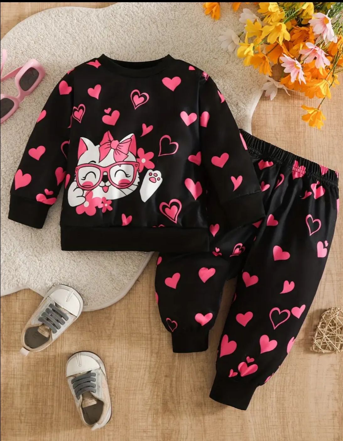 0000  Black Kitty Pink Heart Printed Sweatshirt With Pink Heart Black Fleece Trouser Tracksuit For Kids