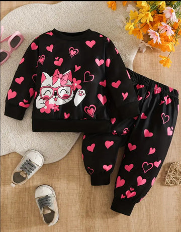 0000  Black Kitty Pink Heart Printed Sweatshirt With Pink Heart Black Fleece Trouser Tracksuit For Kids