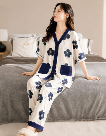 0000            Offwhite Navy Blue Flower Front Pocket Printed Front Button Style For Her