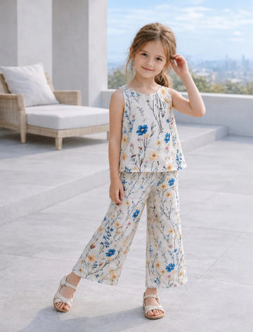 0000             Offwhite Flowers Sleeves Less T-shirt with Flower Printed  Pajama Kids Suits