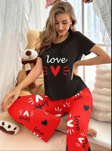 0000   Black Love heart Printed Half Sleeves T-shirt With Red Heart Printed Pajama Suit
