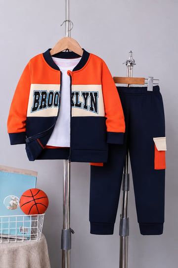 0000          Orange Brooklyn Printed Black Zipper Kids Tracksuit