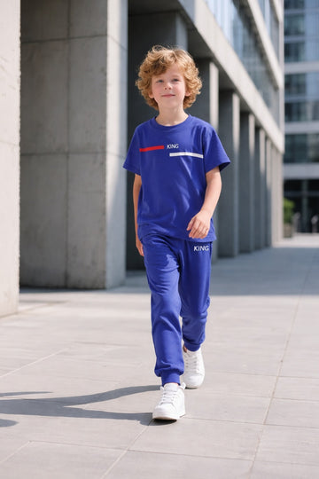 0000    Royal Blue King Printed Half Sleeves T-shirt with Printed Pajama Kids Suits