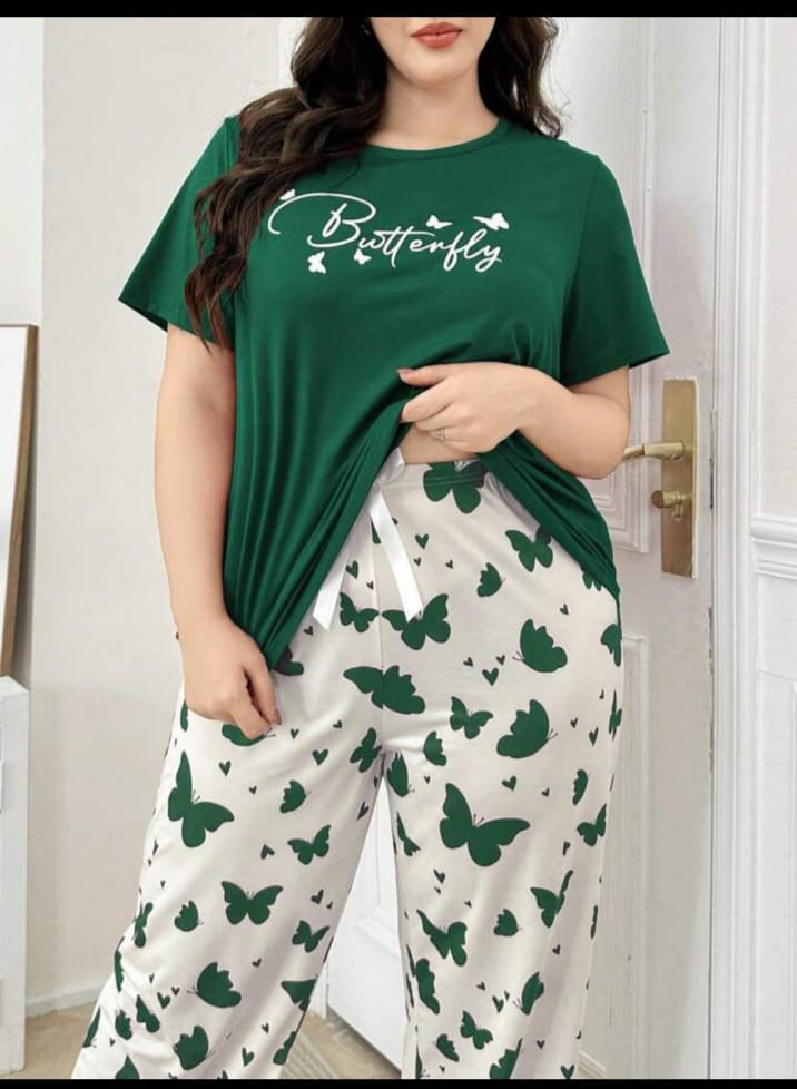 0001 Bottle Green Butterfly Printed Half Sleeves T-shirt With Butterfly Printed Pajama Suit