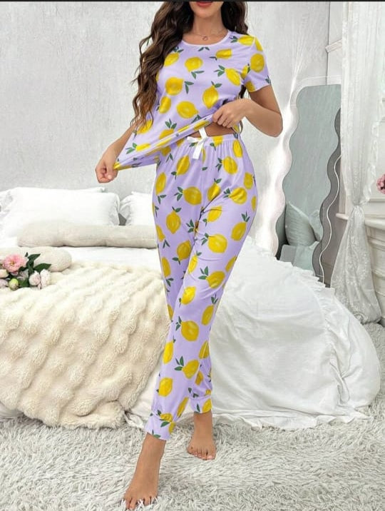 0003 Lilac Lemon Printed Half Sleeves T-shirt With Lemon Printed Pajama Suit
