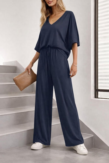 0000  Navy Blue V-Neck Baggie Style Down Should Half Sleeves With Matching Plazzo Style Loose Trouser.