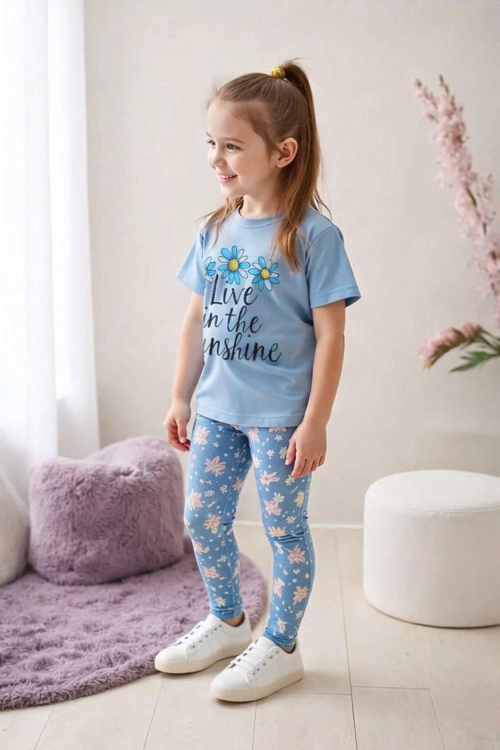 0000    Sky Blue Love In the Sunshine Printed Half Sleeves T-shirt with Flower Printed Pajama Kids Suits
