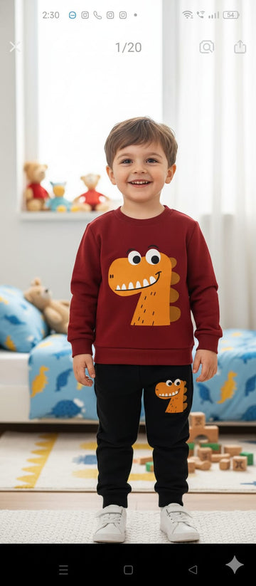 0000  Mehroon Dragon Printed Sweatshirt With Black Dragon Printed Fleece Trouser Tracksuit For Kids