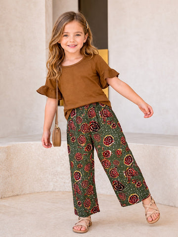 0000             Brown Plain Frill Half Sleeves T-shirt with Flower Printed  Pajama Kids Suits