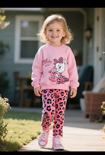 0000  Baby Pink Kitty Lovely Girl Printed Sweatshirt With Baby Pink Cheetah Printed Fleece Trouser Tracksuit For Kids