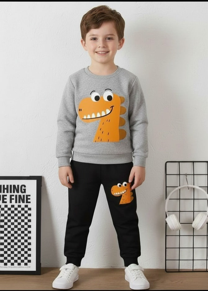 0000 Grey Dragon Printed Sweatshirt With Black Dragon Printed Fleece Trouser Tracksuit For Kids