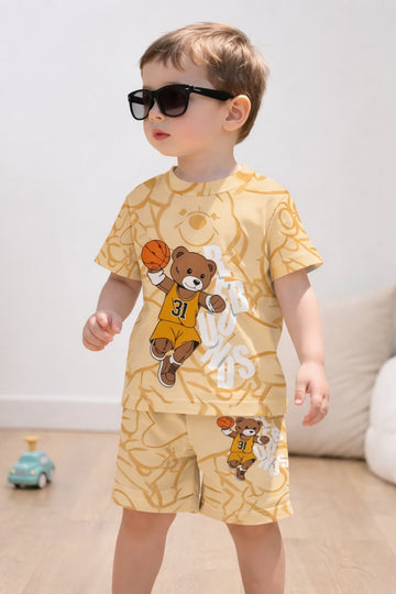 0000   Yellow Basket Ball Bear Printed Half Sleeves T-shirt with Printed Shorts Kids Suits