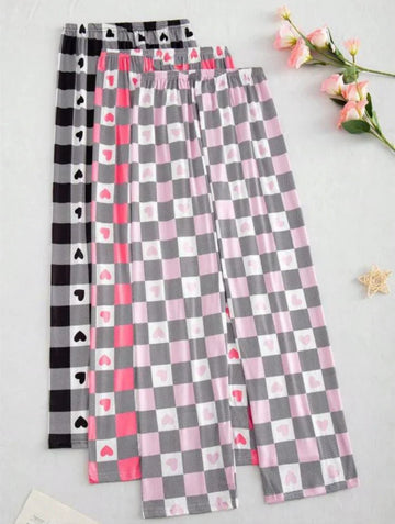 0000      Pack Of 3 Check Heart Printed  Pajamas  For Ladies
