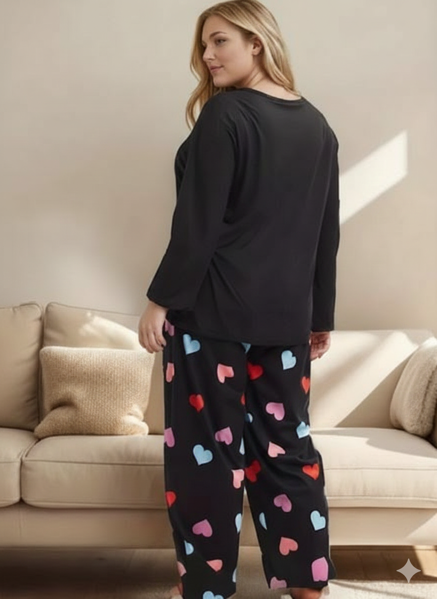 0000   Black Hearts Printed Full Sleeves T-shirt With Multi Heart Printed Pajama Suit