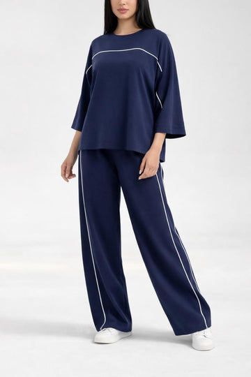 0000  Navy Blue Round Neck Front White Pipin Half Sleeves With Matching Plazzo Style White Pipin Loose Trouser.