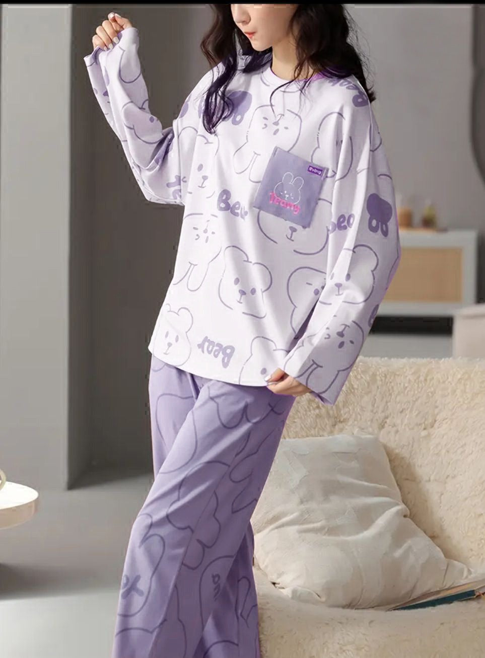 0000  Lilac All Over Bear Printed Full Sleeves T-shirt With Bear  Printed Pajama Suit