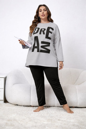 0000   Grey Dream Printed Full Sleeves T-shirt With Black Plain Pajama Suit