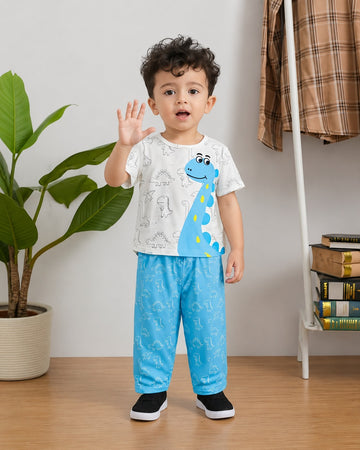 0000          Offwhite blue Dragon Printed Half Sleeves T-shirt with Dragon Printed Blue Pajama Kids Suits