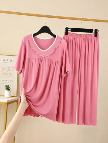 0000                 Baby Pink V-Neck Frill Style Half Sleeves T-shirt With Plazzo Style Pajama Suit