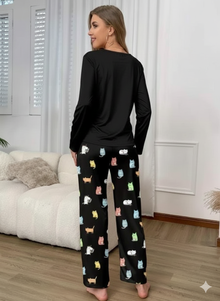 0000   Black Cats Printed Full Sleeves T-shirt With Cats Printed Pajama Suit