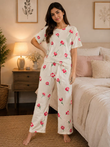 0000                   Offwhite Red Rose Printed Half Sleeves T-shirt With Rose Printed Pajama Suit