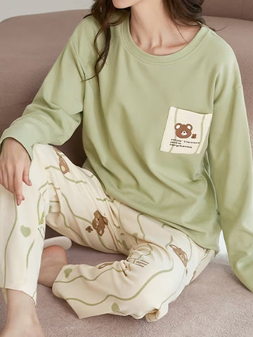 0000   Olive Green Brown bear Printed Full Sleeves T-shirt With Bear  Printed Pajama Suit