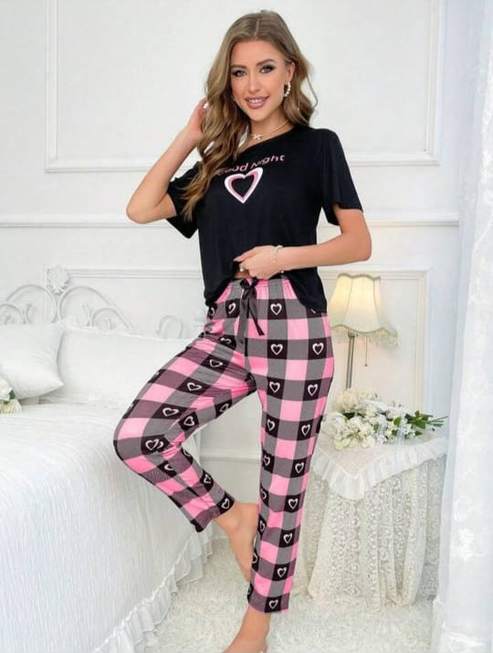 0003 Black Good Night Heart Printed Half Sleeves T-shirt Check Pajama Suit