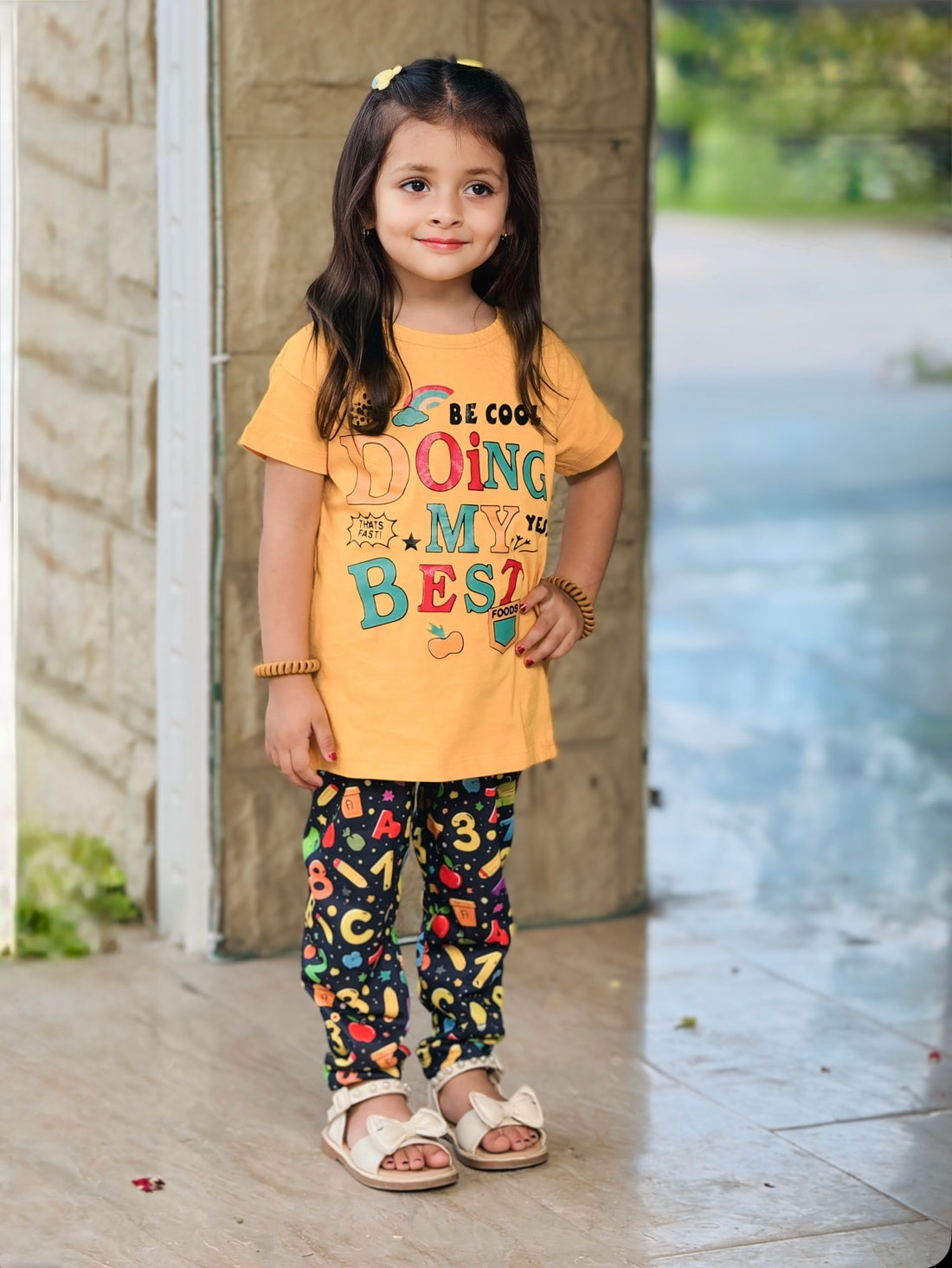 0000          Yellow Doing My Best Printed  Half Sleeves T-shirt with  multi Digital Printed Pajama Kids Suits