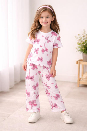 0000          Offwhite all Over Bow Printed Half Sleeves T-shirt with Bow Digital Printed Pajama Kids Suits