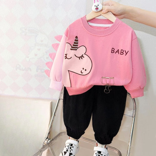 0001 Pink Baby Unicorn Print Sweatshirt With Black Trouser For Kids