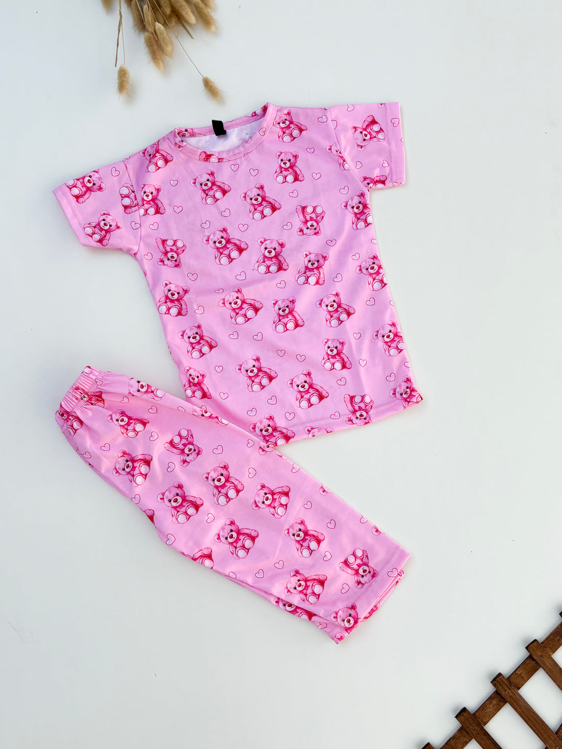 0000             Baby Pink Bear  Printed Half Sleeves T-shirt with Bear Printed  Digital Printed Pajama Kids Suits
