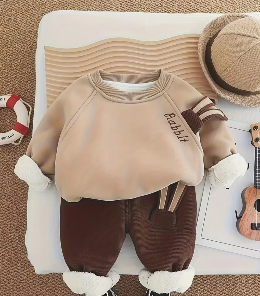 0000   Camel Brown Fleece-Lined Winter Outfit Cute Rabbit design Sweatshirt With Cute Rabbit lined Trouser Tracksuit For Kids