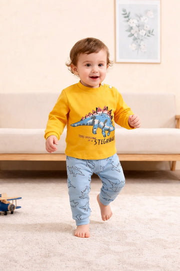 0000    Yellow Dinasour Printed Full Sleeves T-shirt with Grey Printed Pajama Kids Suits