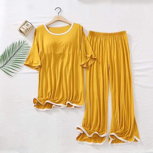 Mustard Lounge Wear Half Sleeves T-shirt With Loose Pajama Suit