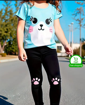 0000    Sky Blue Cat Printed Half Sleeves T-shirt with Cat Foot Printed Pajama Kids Suits