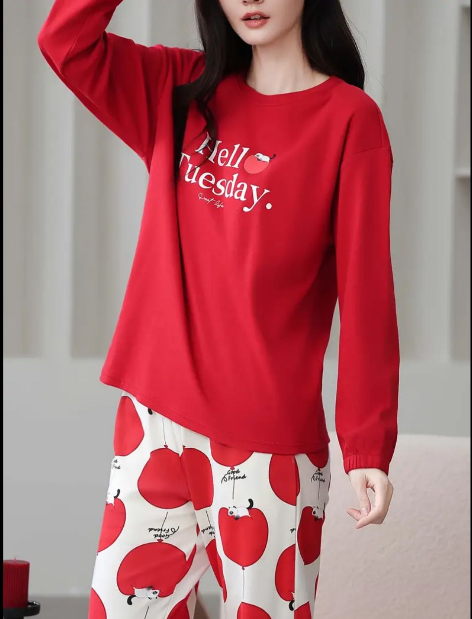 0000  Red Hello Tuesday Printed Full Sleeves T-shirt With Printed Pajama Suit