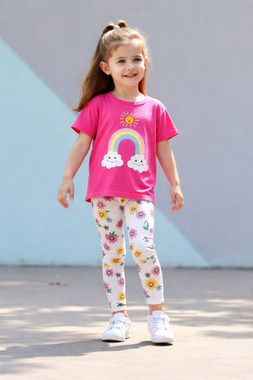 0000    Baby Pink Rainbow Printed Half Sleeves T-shirt with Flower Printed Pajama Kids Suits