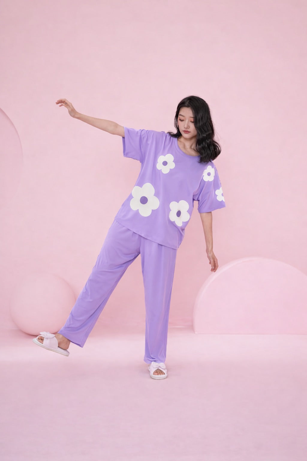 0000   Lilac White Heart Printed Half Sleeves T-shirt With Lilac Plain Pajama Suit