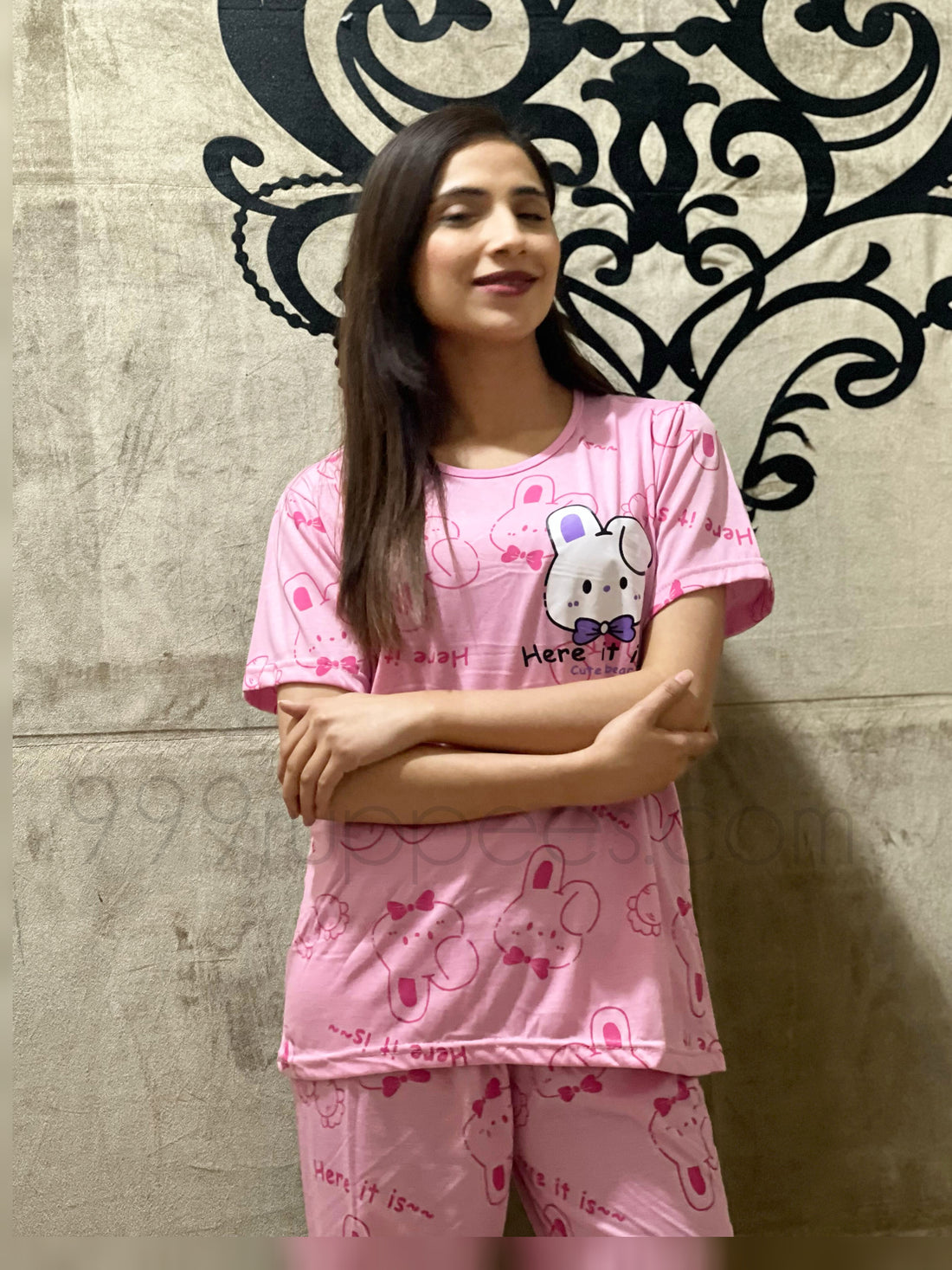 0000 Baby Pink Here It Kitty Printed Half Sleeves T-shirt With Kitty Printed Pajama Suit